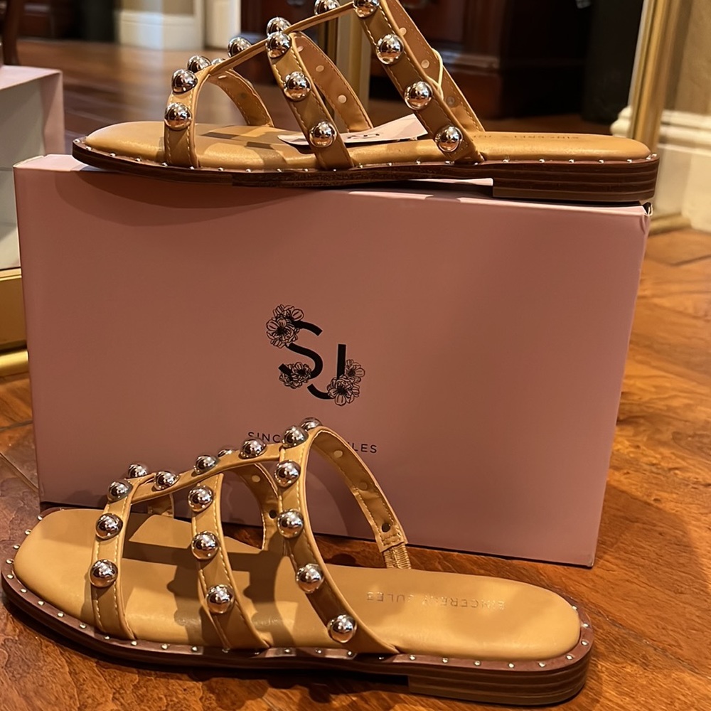Sincerely Jules Ventura Tan Studded Gladiator Sandals Silver Ball Tan Slides 7.5 - Picture 14 of 17